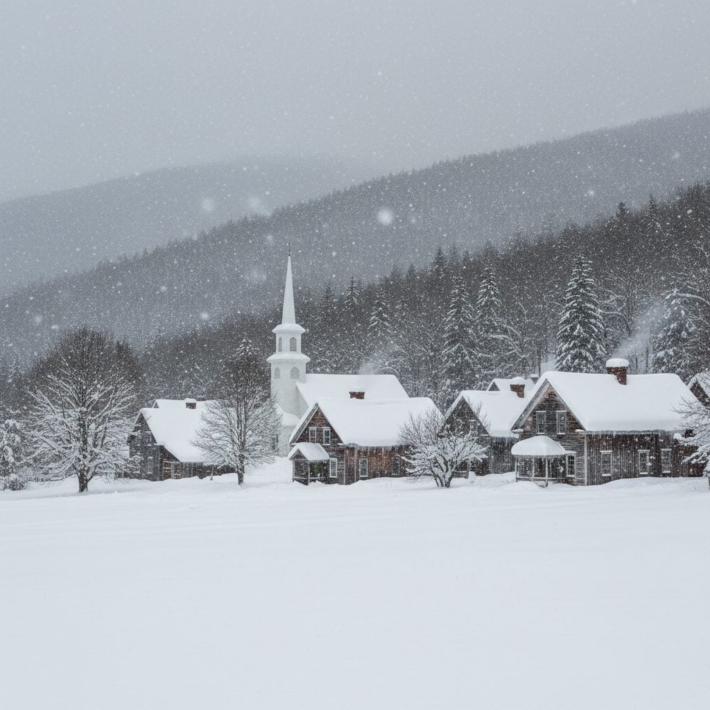 Snow-covered New England mountain village during a La Nina winter