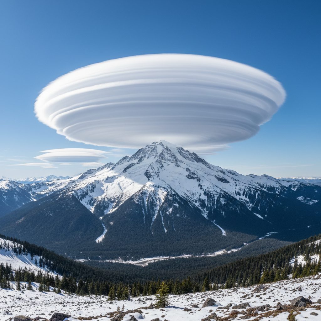 Stacked lenticular clouds above a Cascade mountain peak