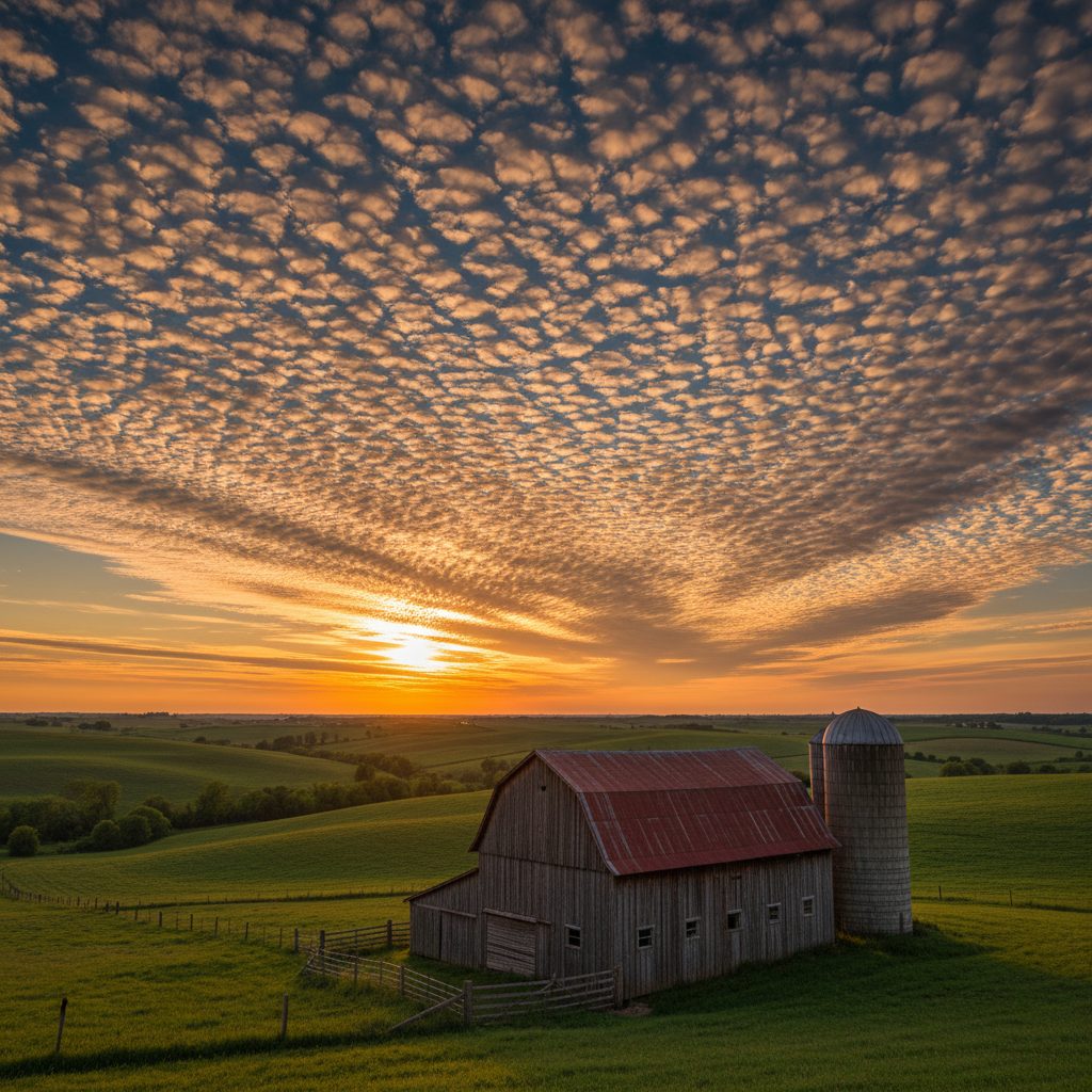 Mackerel sky over farmland at golden hour