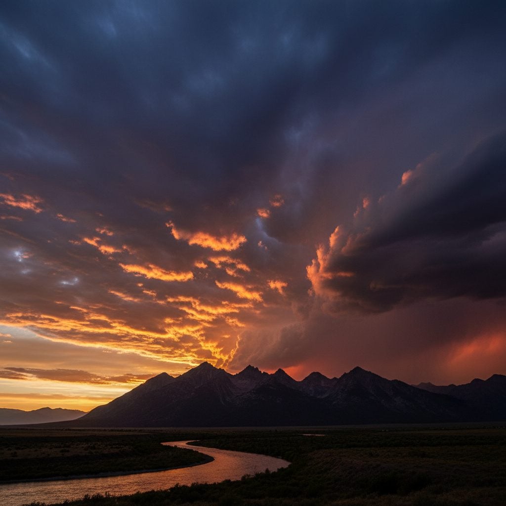 Mammatus clouds glowing at sunset under a thunderstorm anvil