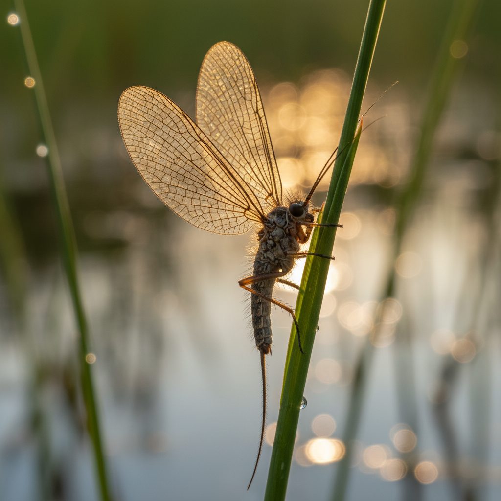 A single mayfly perched on a marsh reed in golden afternoon light