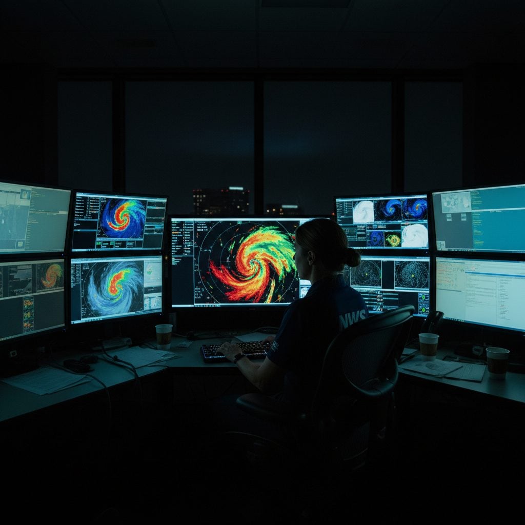 Meteorologist watching Doppler radar screens in a weather office