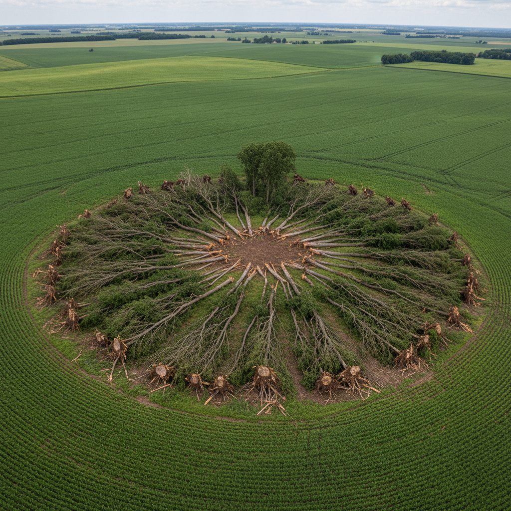 Aerial view of trees fallen in a radial microburst damage pattern