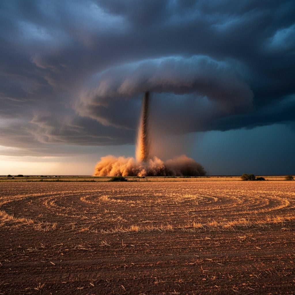 Microburst rain shaft hitting a Texas field with debris spreading outward