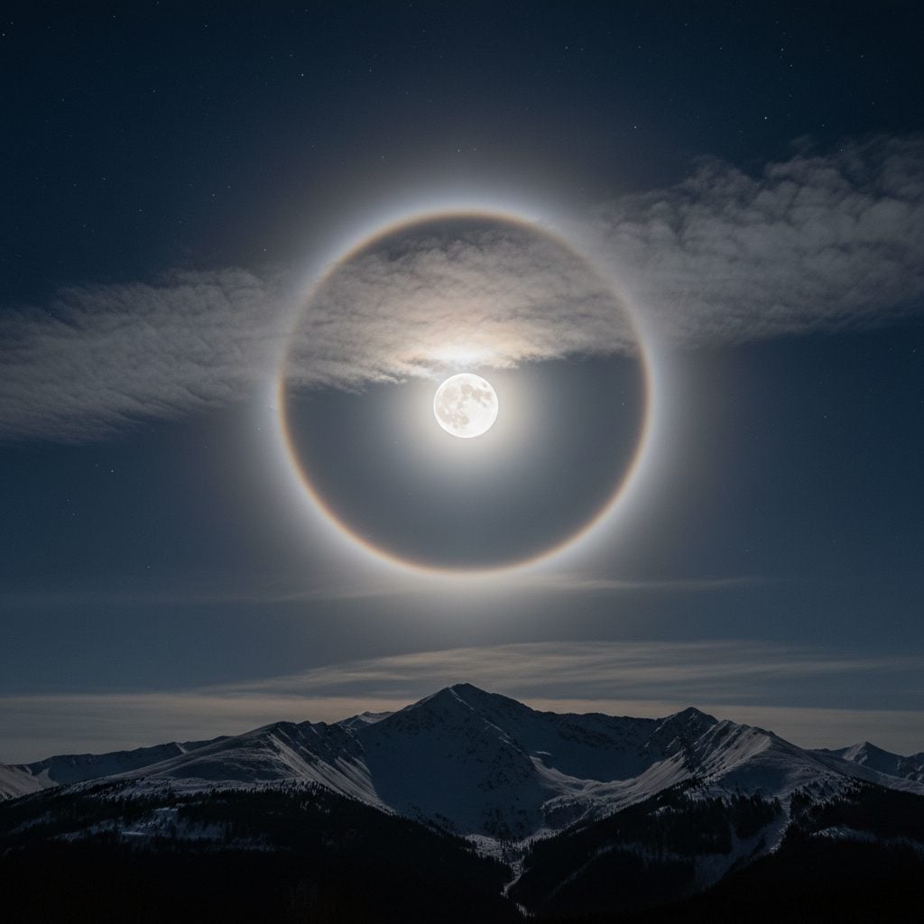 A 22-degree halo around the full moon over mountains at night