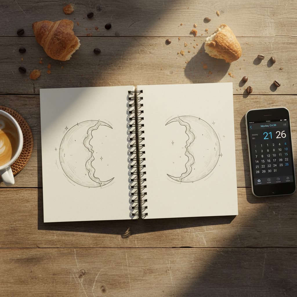 Journal with two moon phase sketches fitting together beside a coffee mug