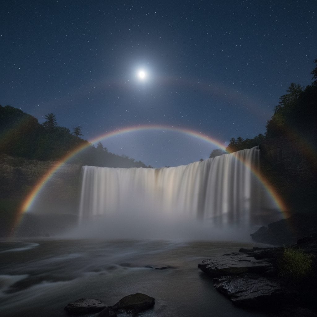 Pale moonbow in the mist of a moonlit waterfall