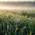Morning dew droplets cling to blades of green grass and a delicate spider web at sunrise.