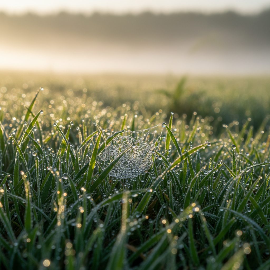 Morning dew on grass and a spider web at sunrise illustrating humidity