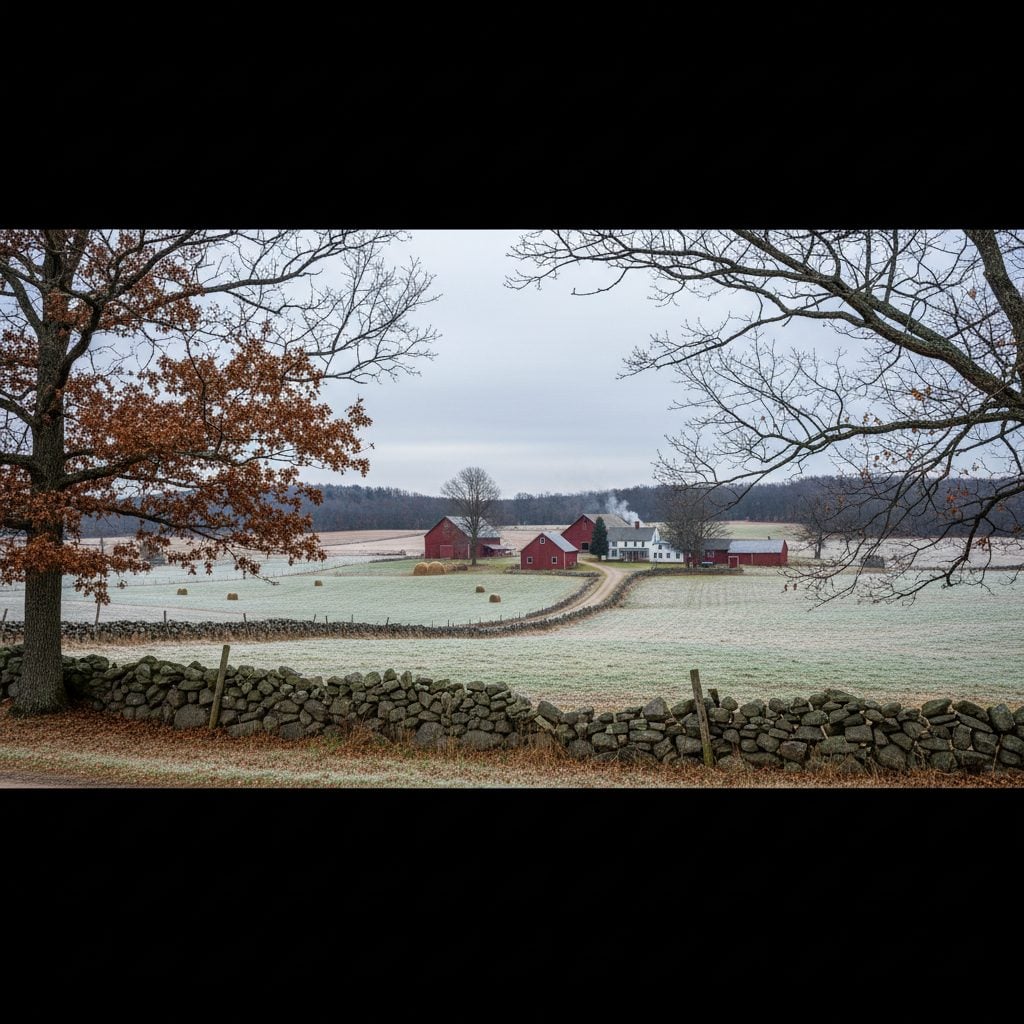 Late-autumn frost-covered New England farm field in early November