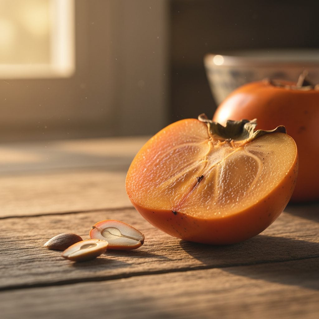 Cut persimmon fruit and split seeds showing the spoon shape inside