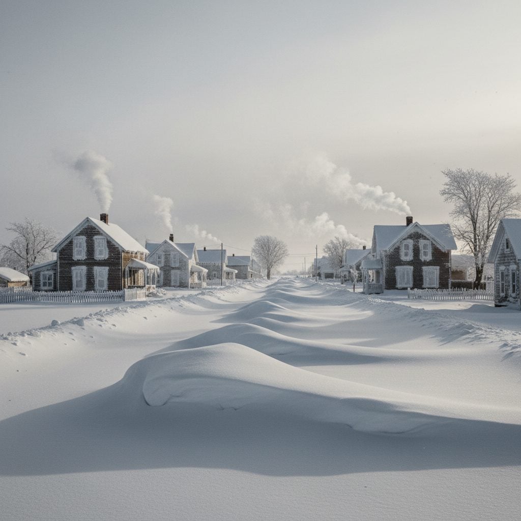Snow-covered Midwest town during a polar vortex cold snap
