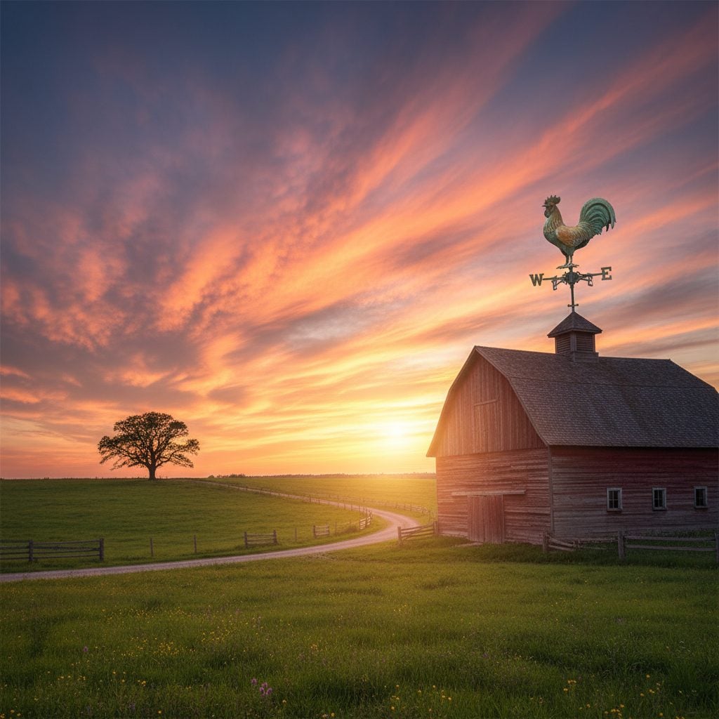 Red wooden barn with a rooster weathervane at sunset