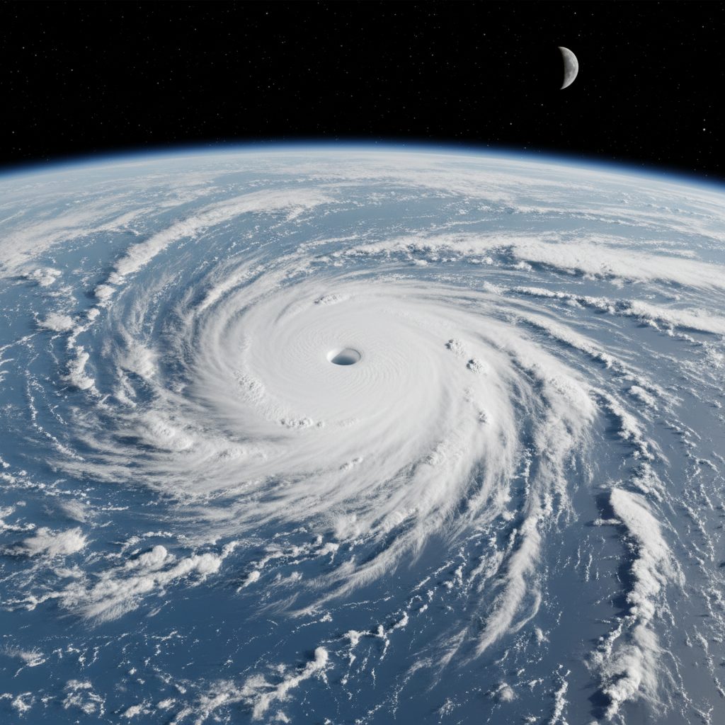Satellite view of a Category 5 hurricane with a defined eye over the Atlantic