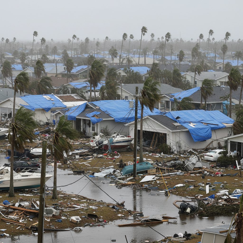 Gulf coast neighborhood with hurricane damage after major landfall