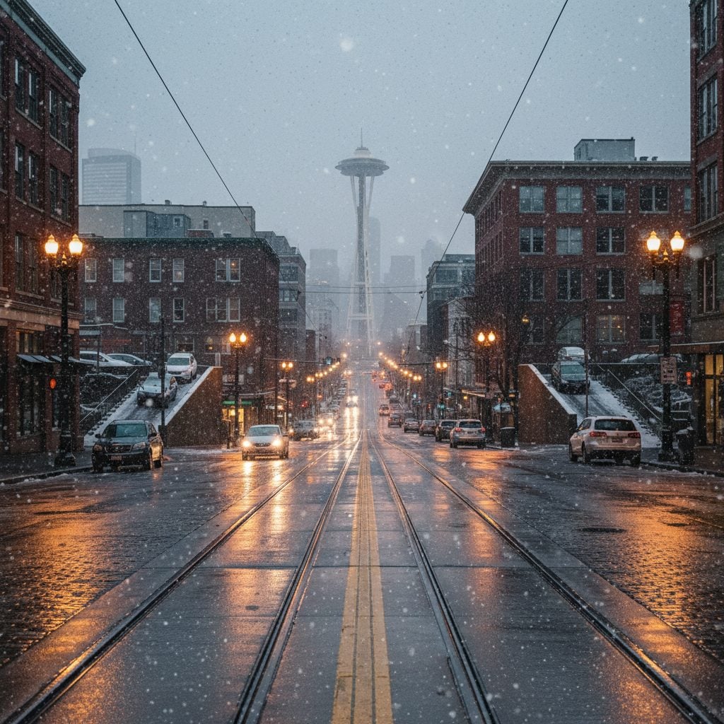 Light snow on Seattle streets at dusk causing traffic disruption