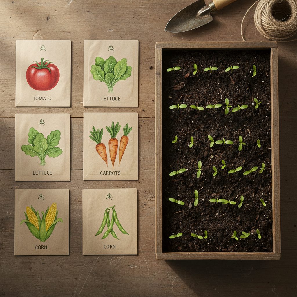 Seed packets and seedling tray for spring planting