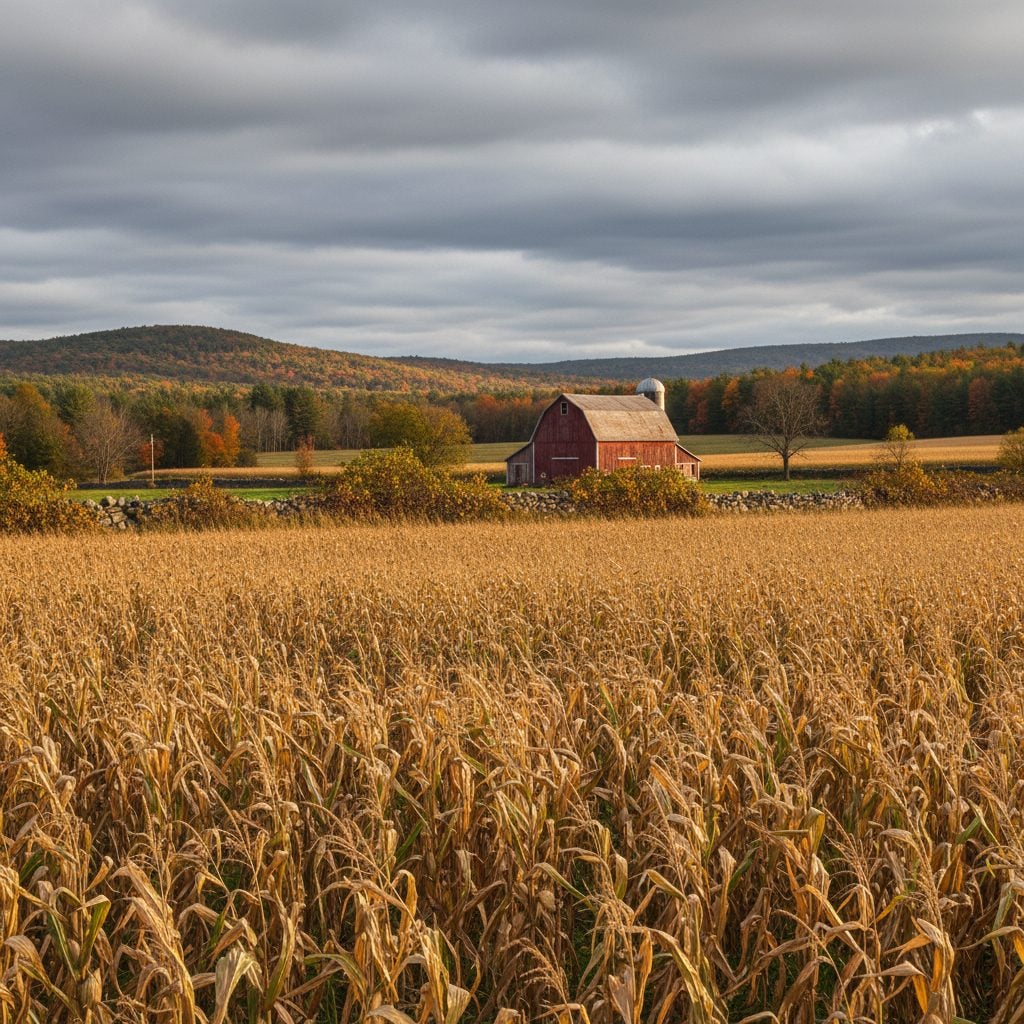 Golden September cornfield ready for harvest with red barn