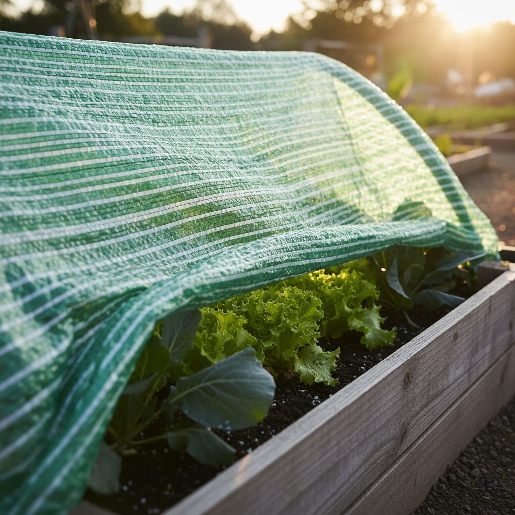 Shade cloth over leafy greens in a raised bed during a heatwave