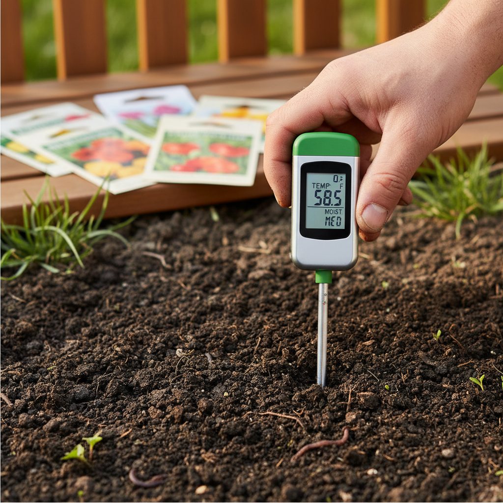Soil thermometer reading temperature in freshly tilled spring garden soil