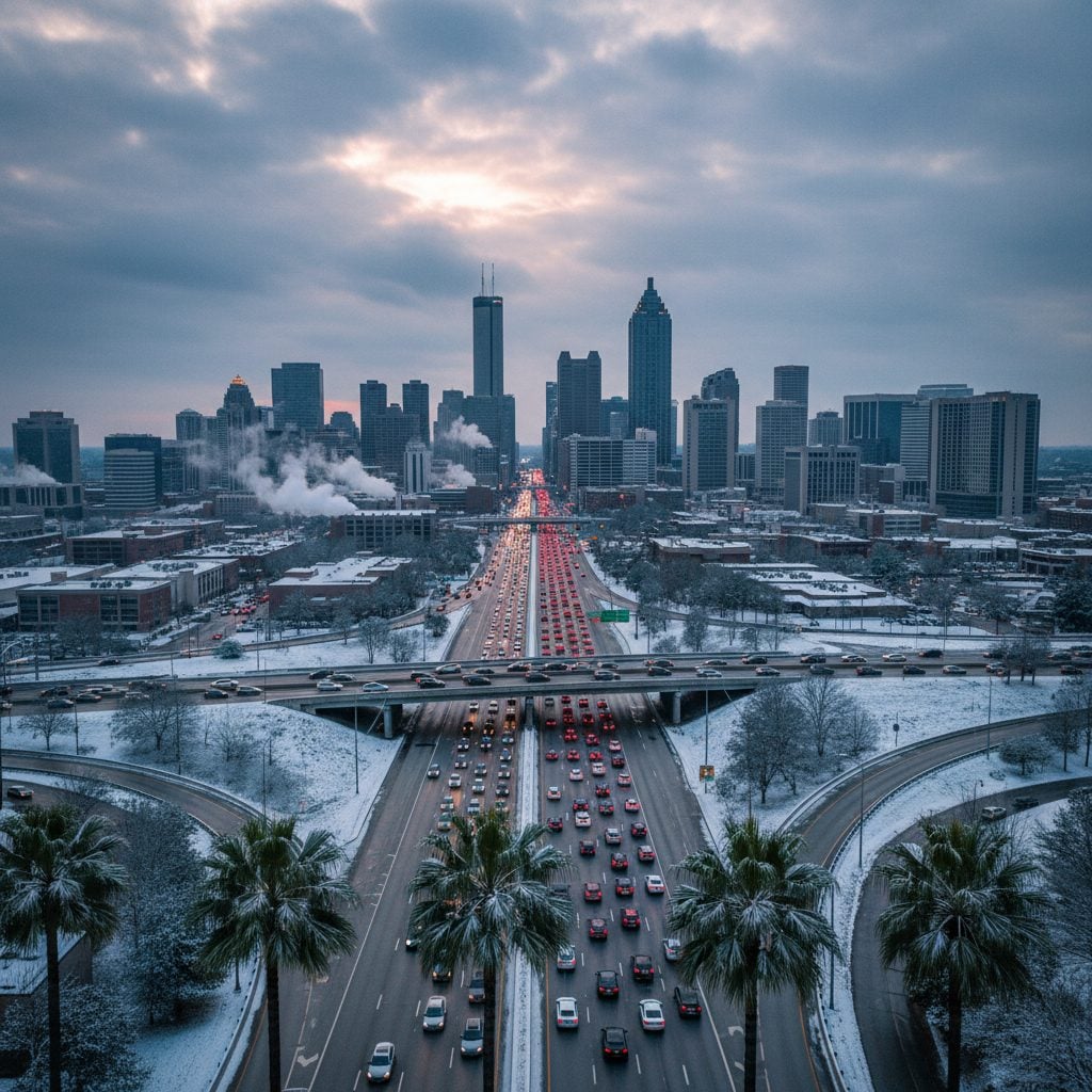 Light snow shutting down a southern US city's freeway in winter