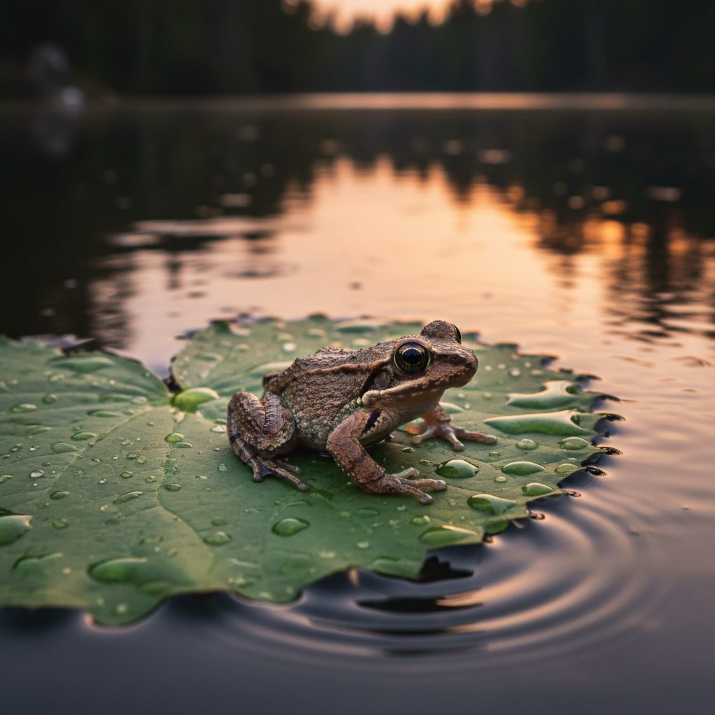 Spring peeper frog calling on a wet leaf at twilight