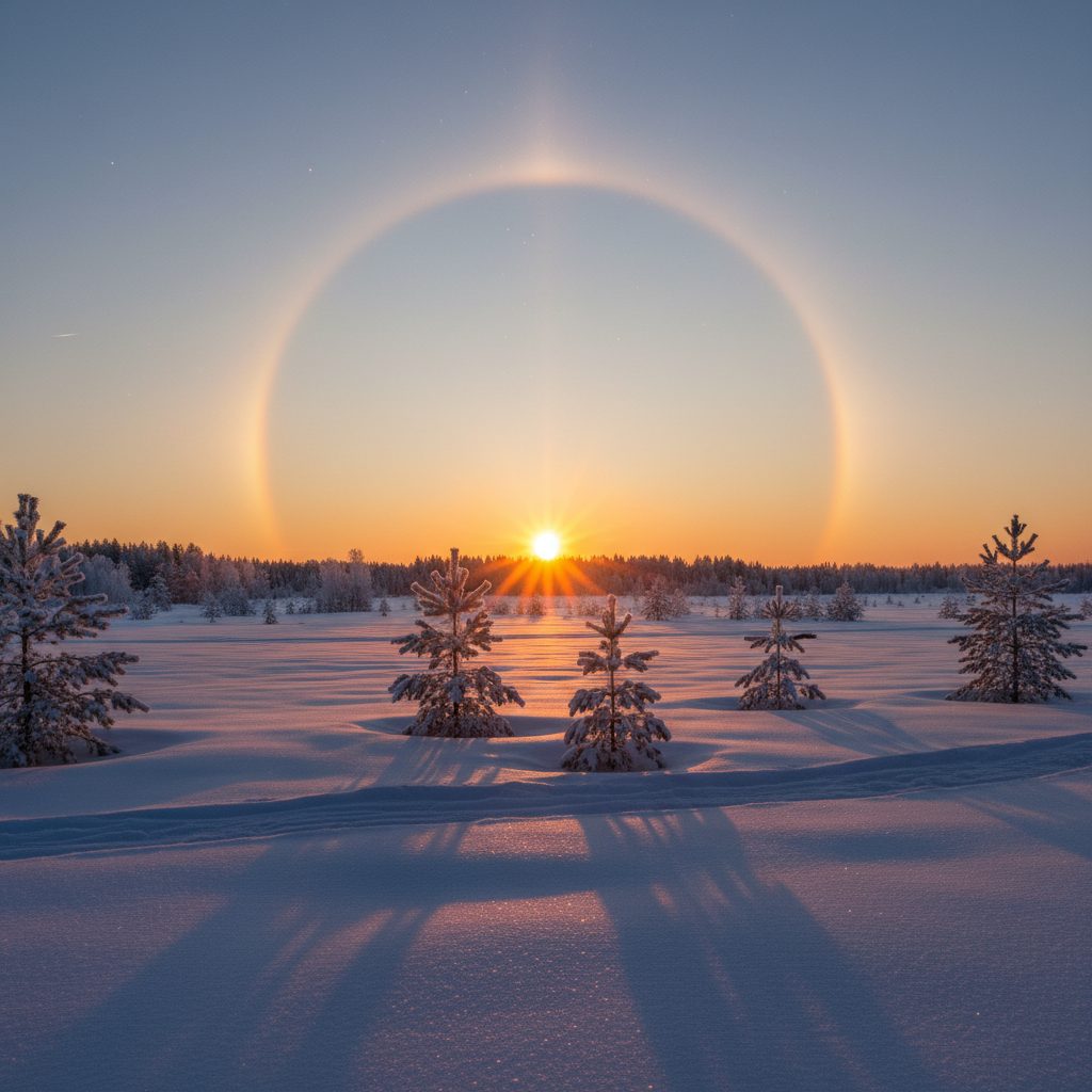 Sundogs flanking the sun at sunset over a snowy field