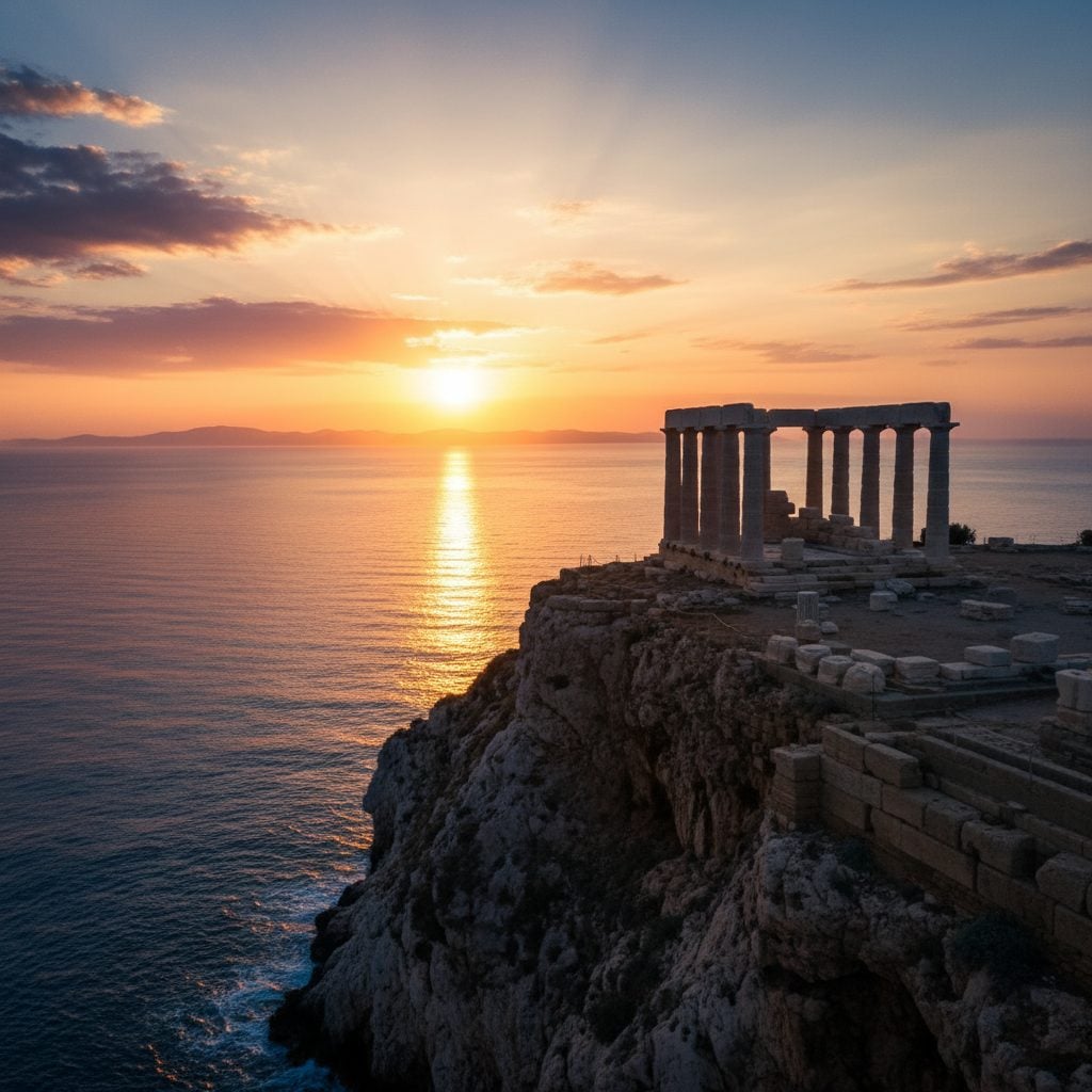Sunrise over the Aegean Sea behind ancient Greek temple columns