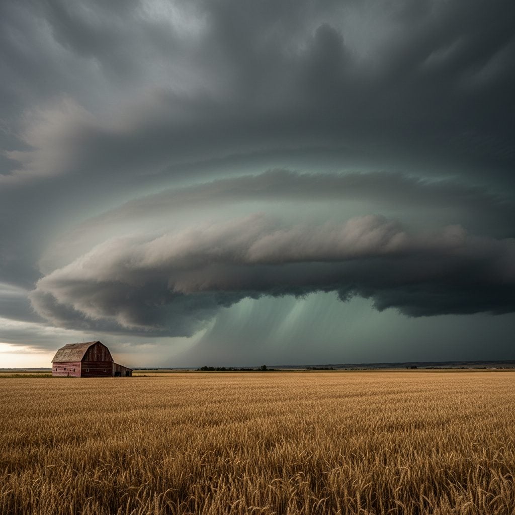 Massive supercell thunderstorm with wall cloud over a Great Plains wheat field
