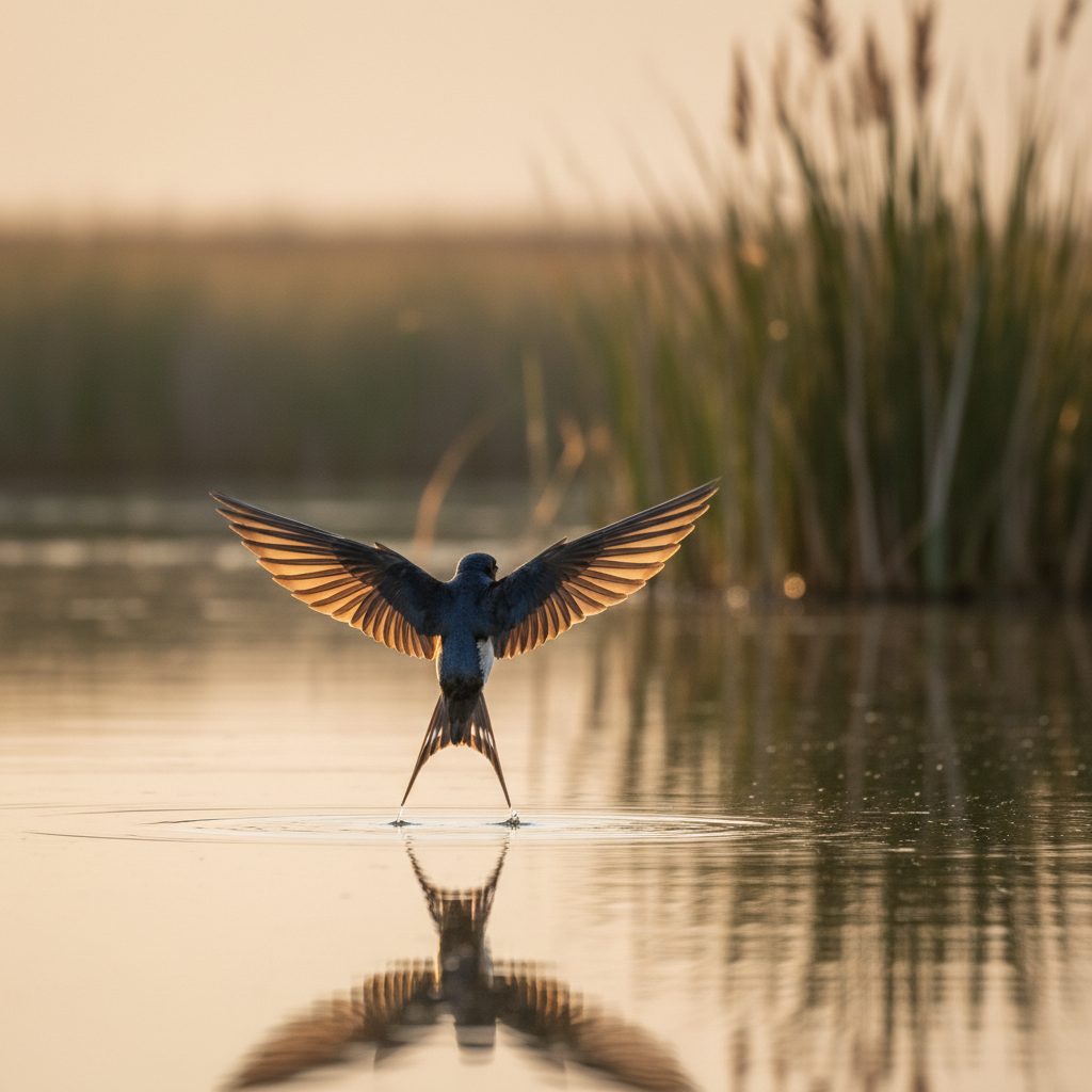 Swallow flying low over a pond before a storm