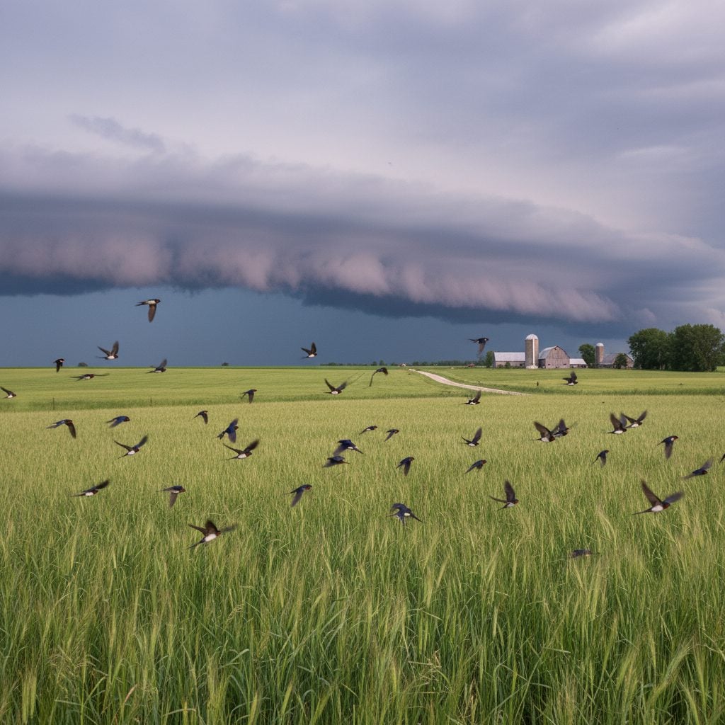 Barn swallows flying low over a hayfield before a storm