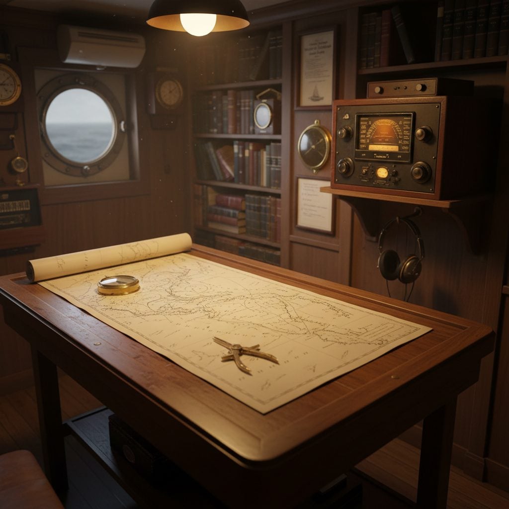 Vintage hurricane tracking chart on a 1940s ship navigation table