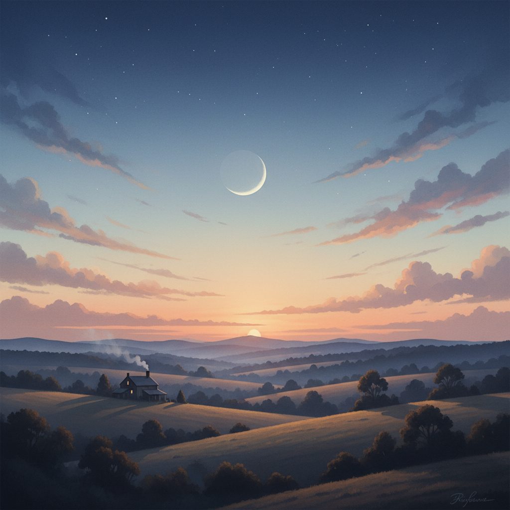 Waning crescent moon at dawn over rolling hills and a farmhouse
