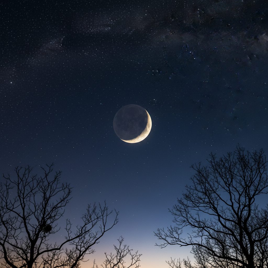 Thin waxing crescent moon with earthshine over silhouetted tree branches at twilight