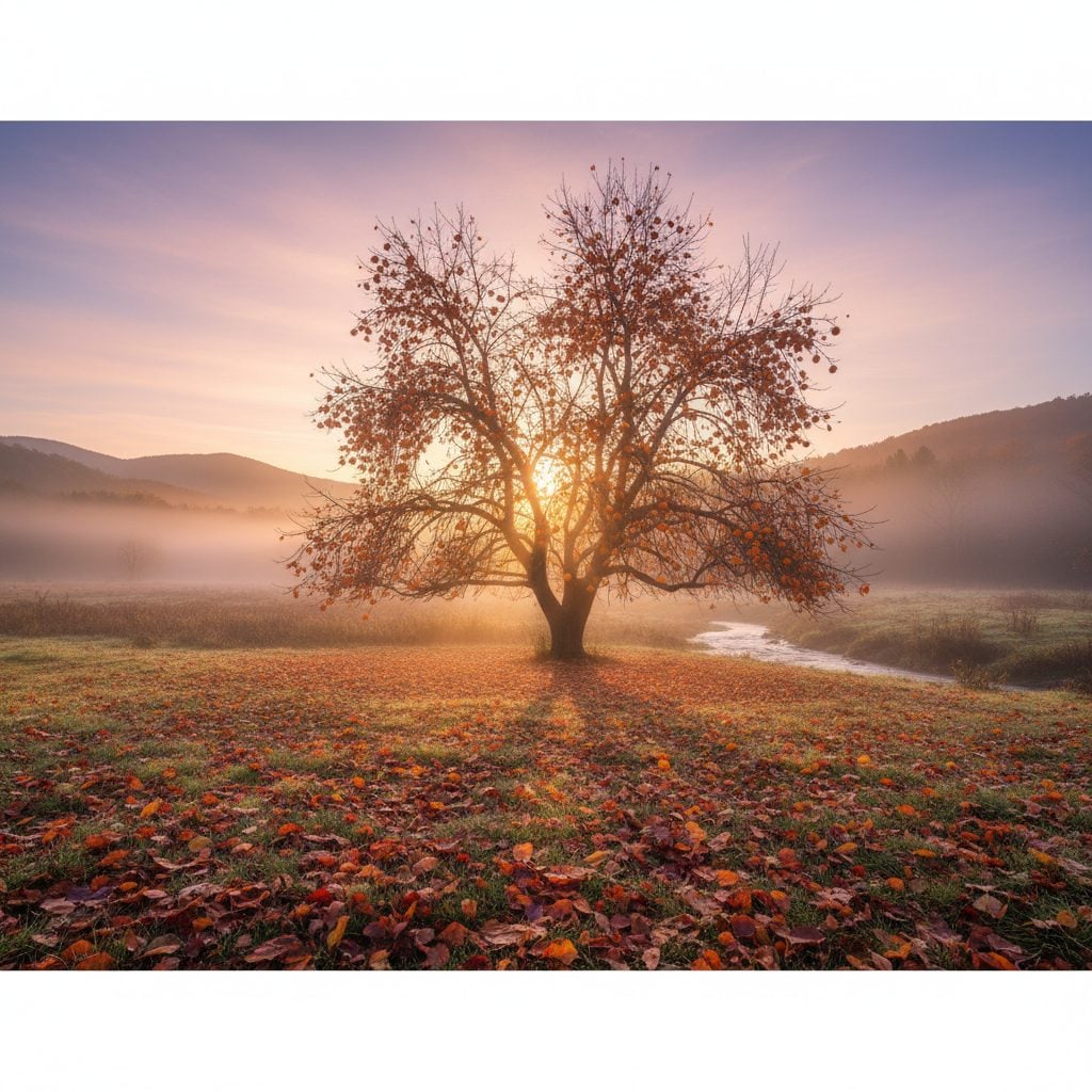 Wild American persimmon tree heavy with fruit at autumn dawn