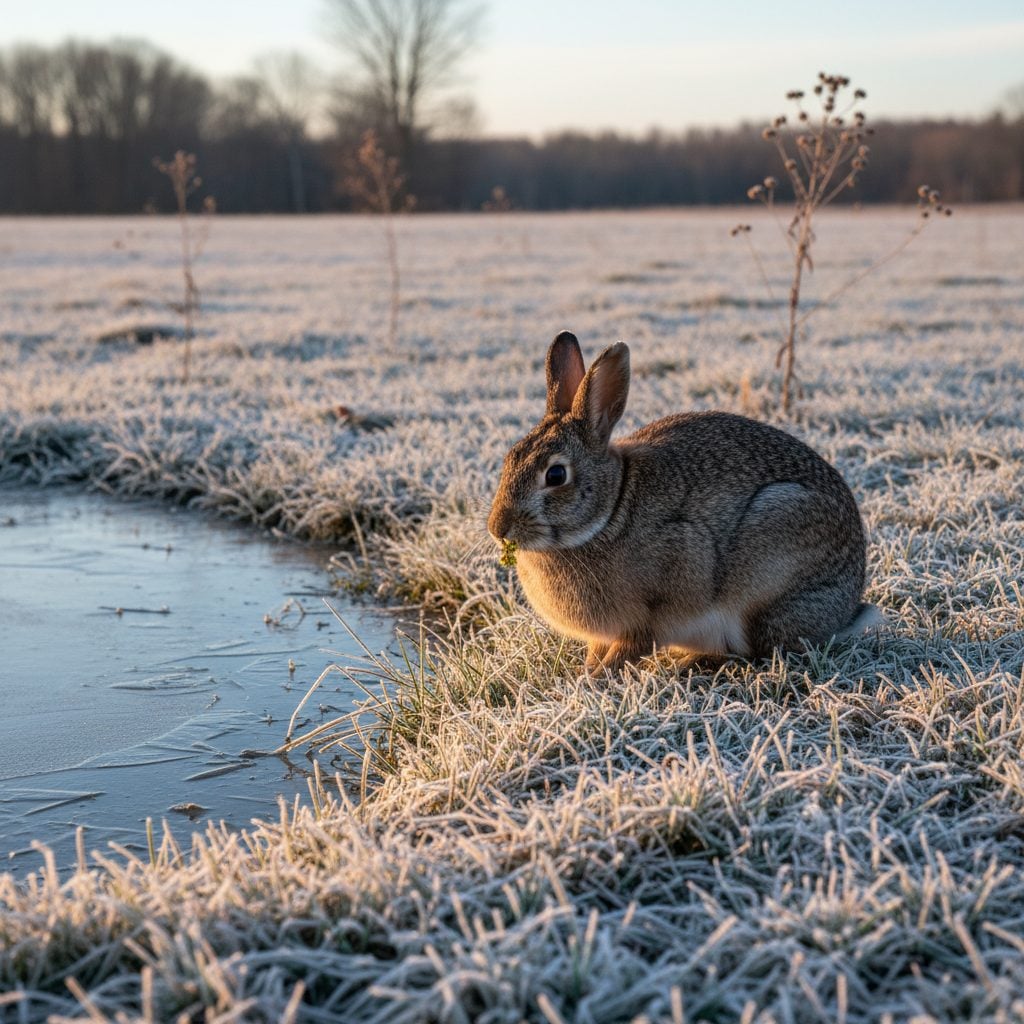 Fat winter-fur rabbit on frosty November meadow at sunrise