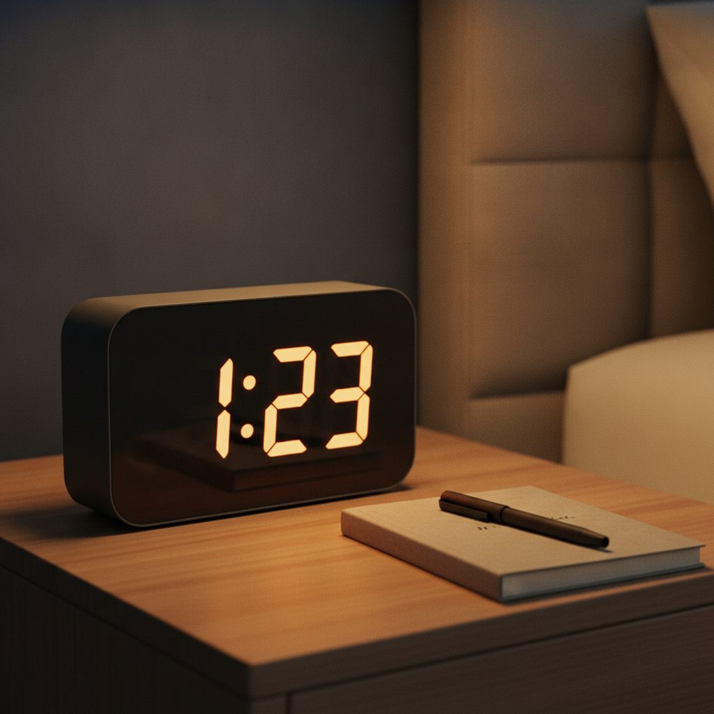 Modern digital alarm clock showing 1:23 in soft warm bedroom lamplight with a notebook and pen on the nightstand.