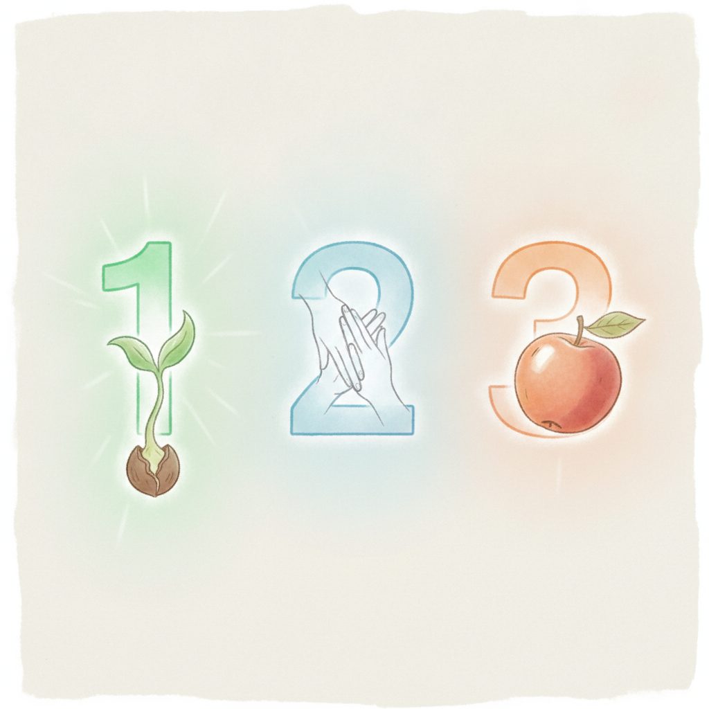 Painted illustration of the numbers 1, 2, and 3 with symbolic associations: a sprouting seed for 1, two hands meeting for 2, a small fruit for 3.