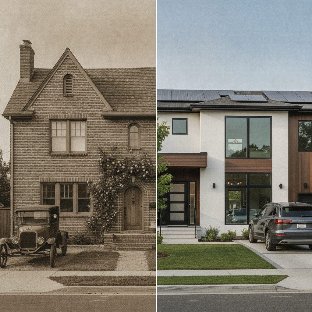 Side-by-side composition of a 1925 brick American home in sepia tones and a modern 2026 suburban home in full color.