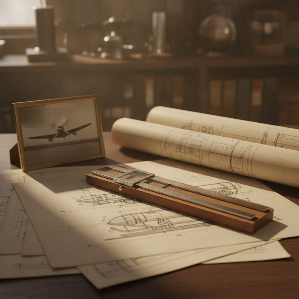 Vintage 1940s engineering office with slide rule, technical rocket-sled drawings, and a black-and-white aircraft photograph in soft afternoon light.