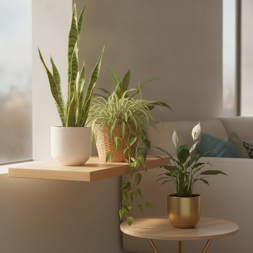Bright sunny home interior with snake plant, spider plant, pothos, and peace lily air-purifying houseplants on a wooden shelf and side table.