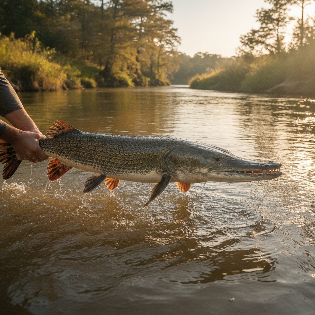 Large alligator gar with armored scales and toothy snout being released back into a Texas river in soft afternoon light.