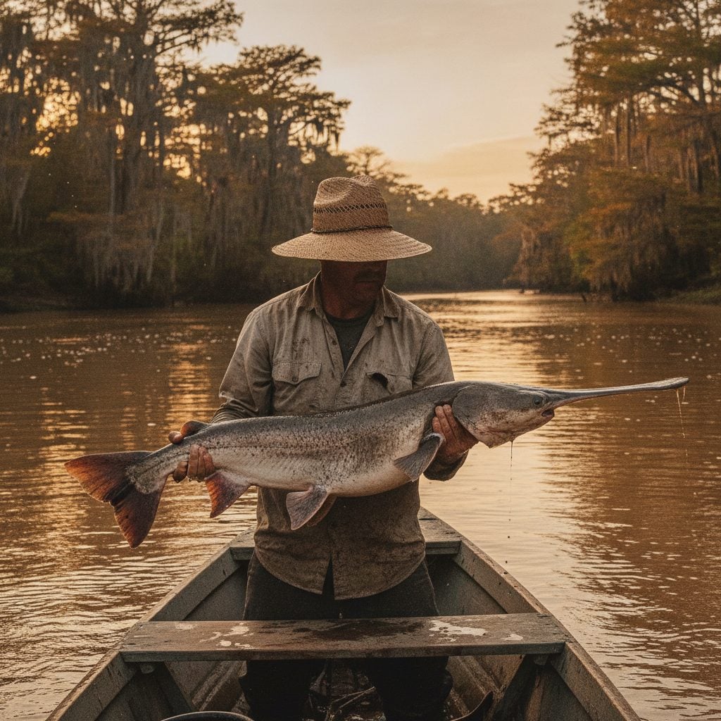 Fisherman in a small boat on a muddy southern river holding up a large American paddlefish in soft afternoon light.