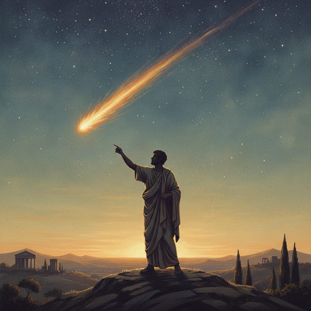 Painted scene of an ancient Greek or Roman astronomer pointing at a meteor streaking across a starry twilight sky from a hilltop.