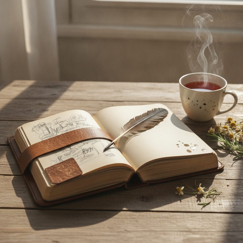 Open leather journal on a wooden table with a pen and a steaming cup of herbal tea in soft warm morning light.