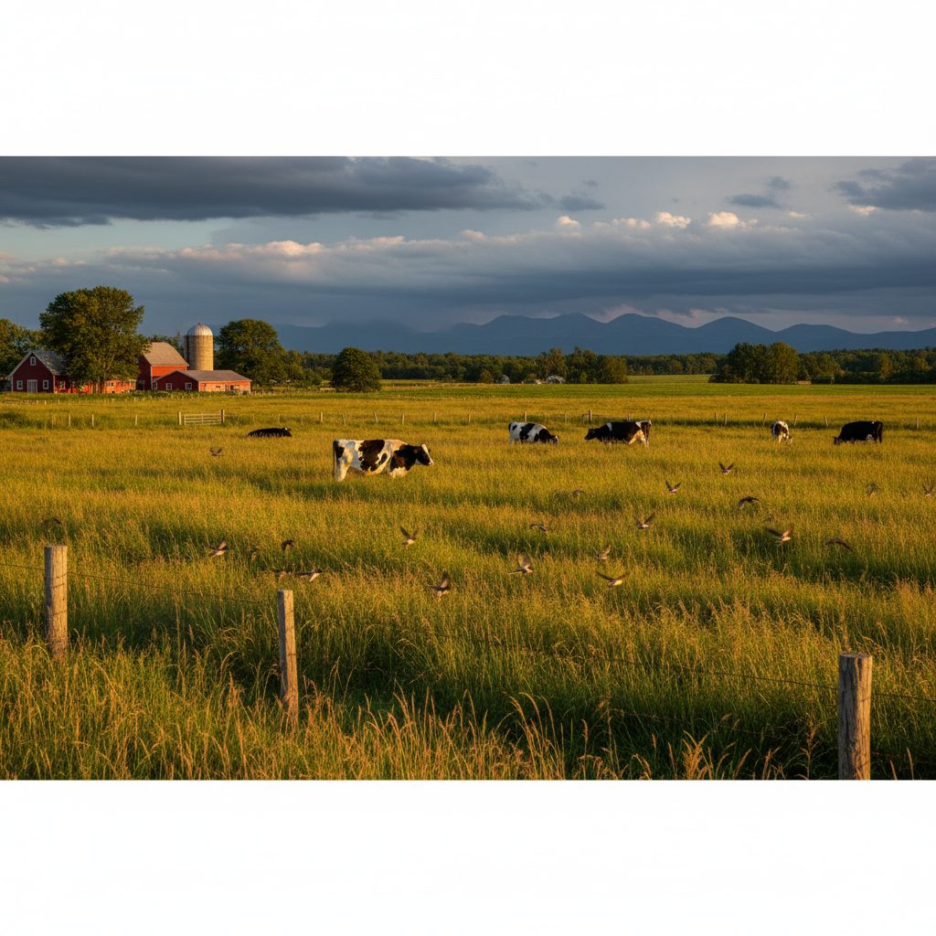 Dairy cows lying in tall grass under low storm clouds with swallows flying low, classic animal weather forecasters before a summer rain.