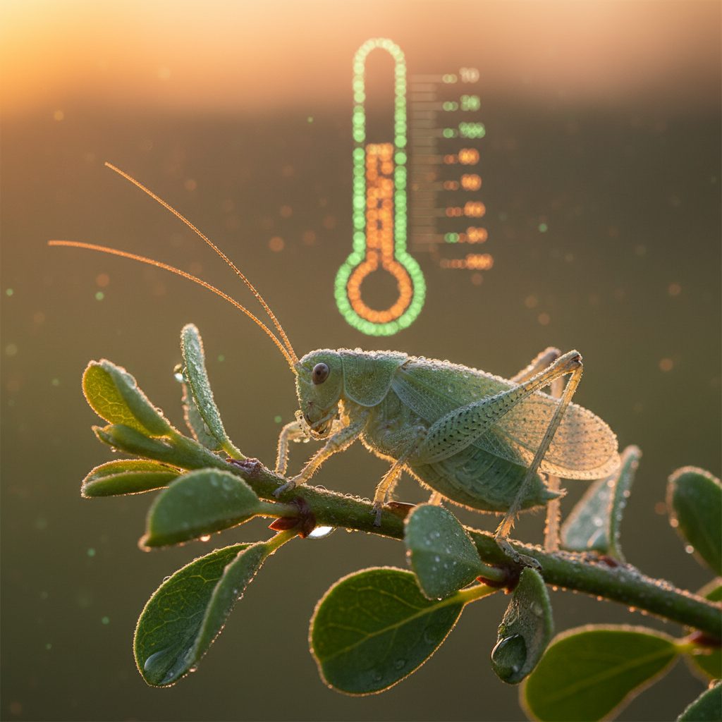Snowy tree cricket on a dewy leaf at dusk, the animal weather forecaster behind Dolbear's chirp-rate temperature formula.