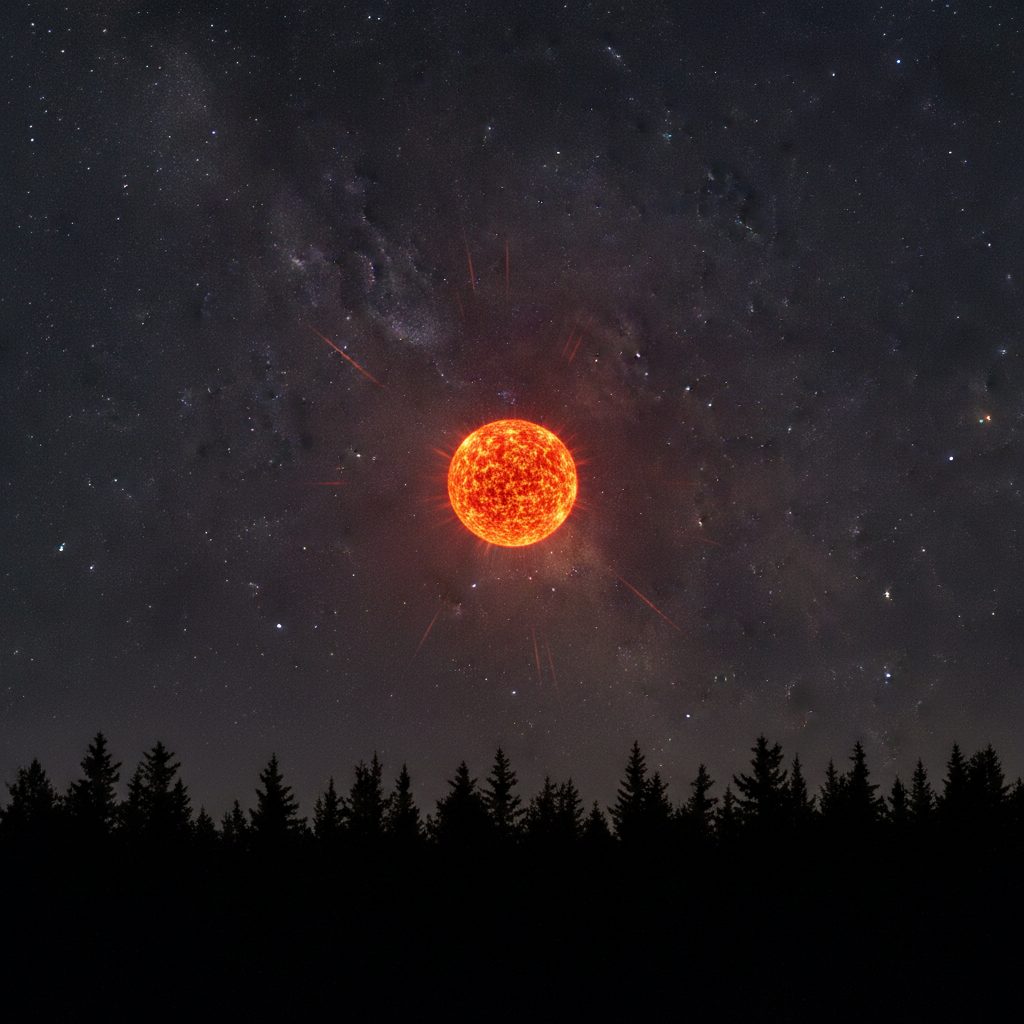 Bright twinkling Antares red supergiant low in the southern summer sky above pine trees, the famous red and green star.