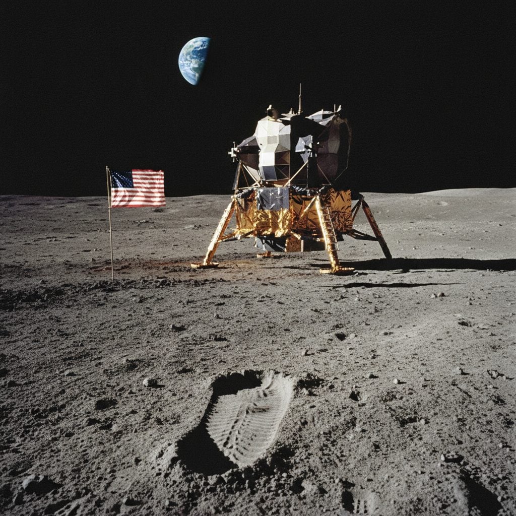 Apollo 11 lunar module on moon surface with US flag, footprint in lunar dust, Earth rising in the dark sky.
