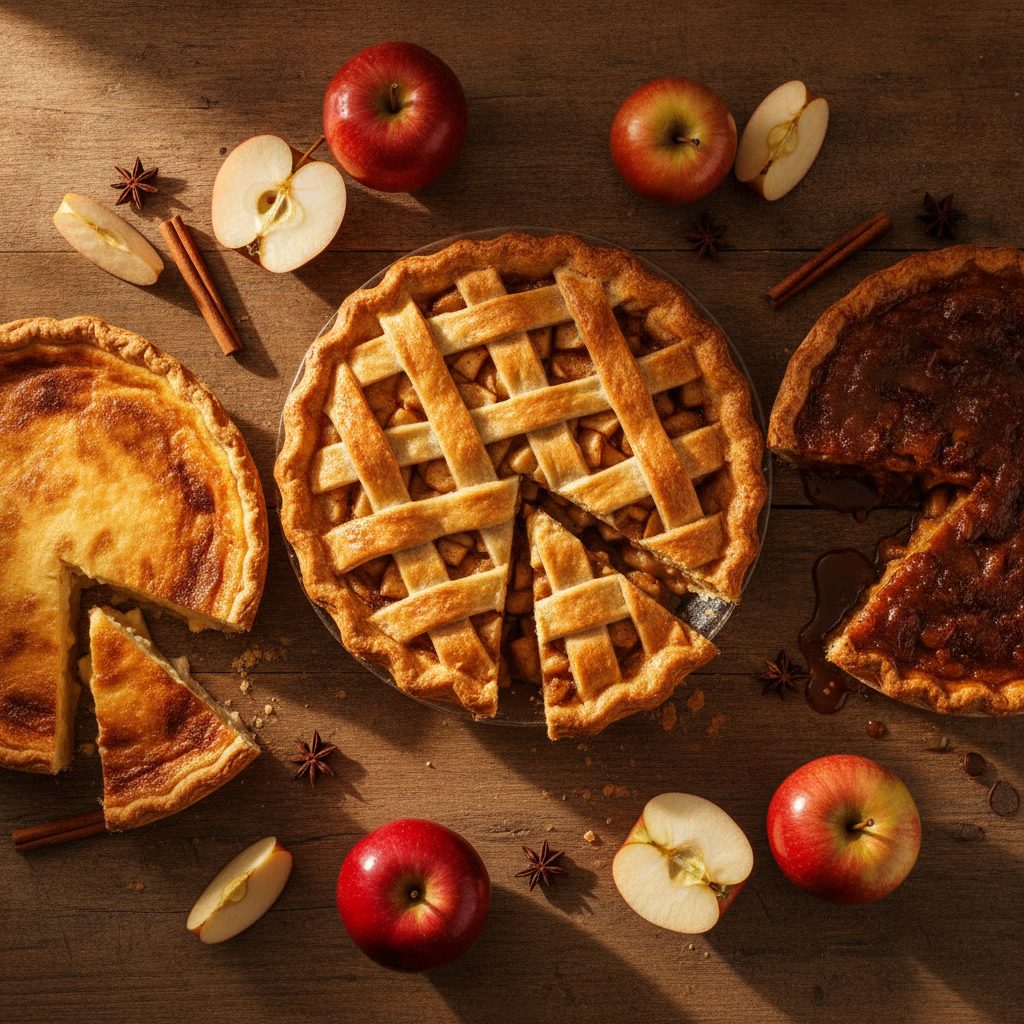Three apple pie styles: classic double-crust lattice, French custard, and brown butter caramel